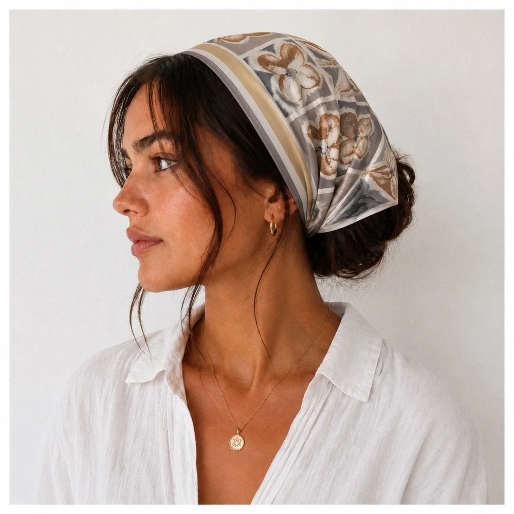 Vintage‎ Floral  Square Scarf Womens Tan Grey Neutral Cottage Classic Old Money